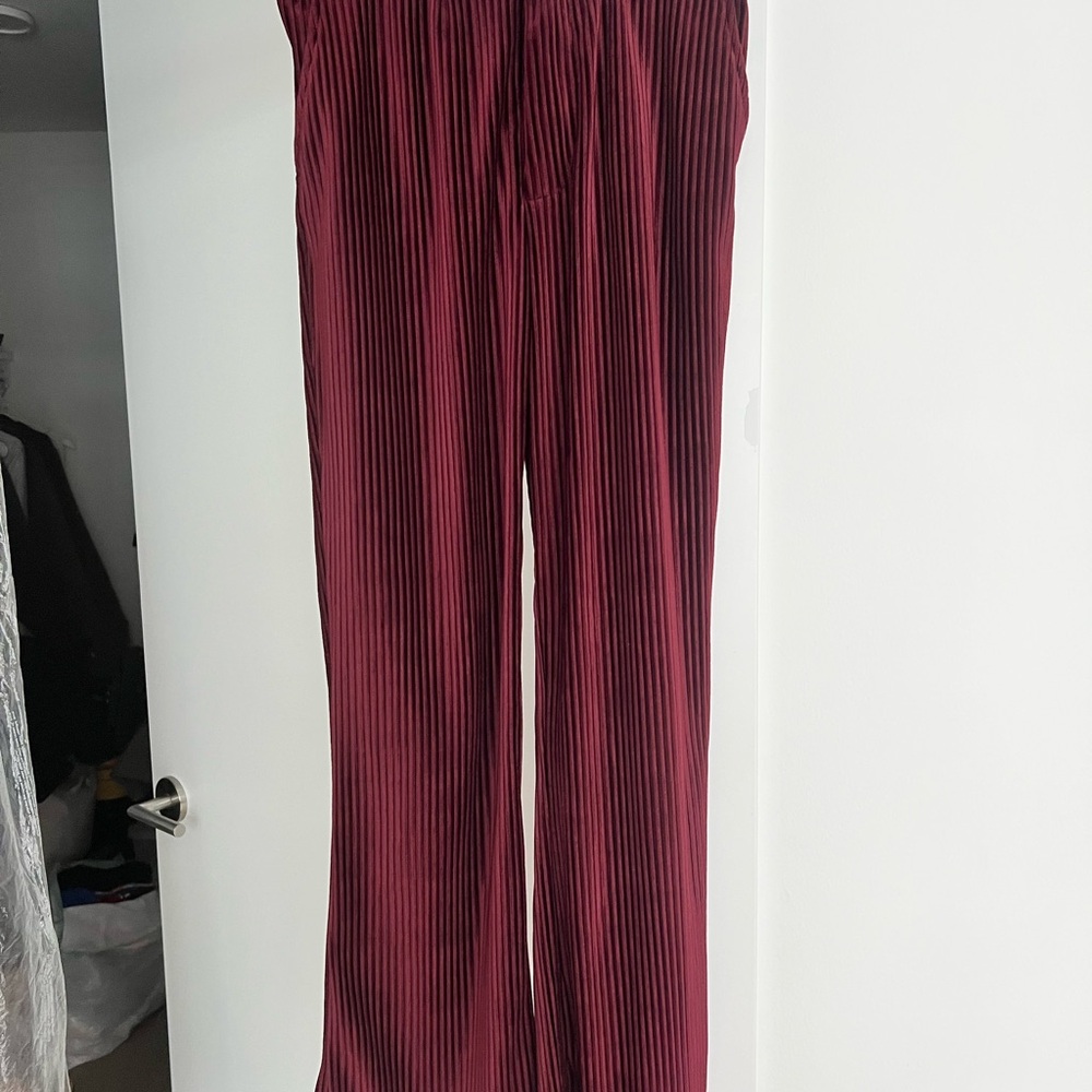 Burgundy Pleated Velvet Wide Leg Pants